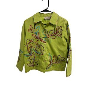 New Direction Woman Jacket Green Cotton Floral Embroidery Size 1X Boho Artsy